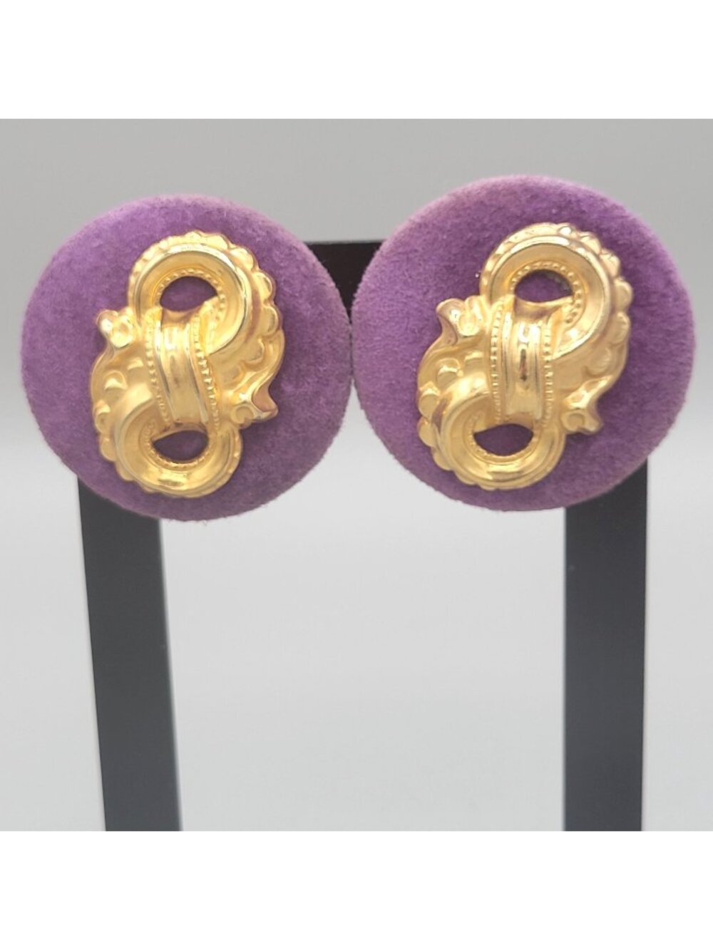 Vintage Large Clip On Earrings With Gold Tone Door Knocker Purple Velvet Back
